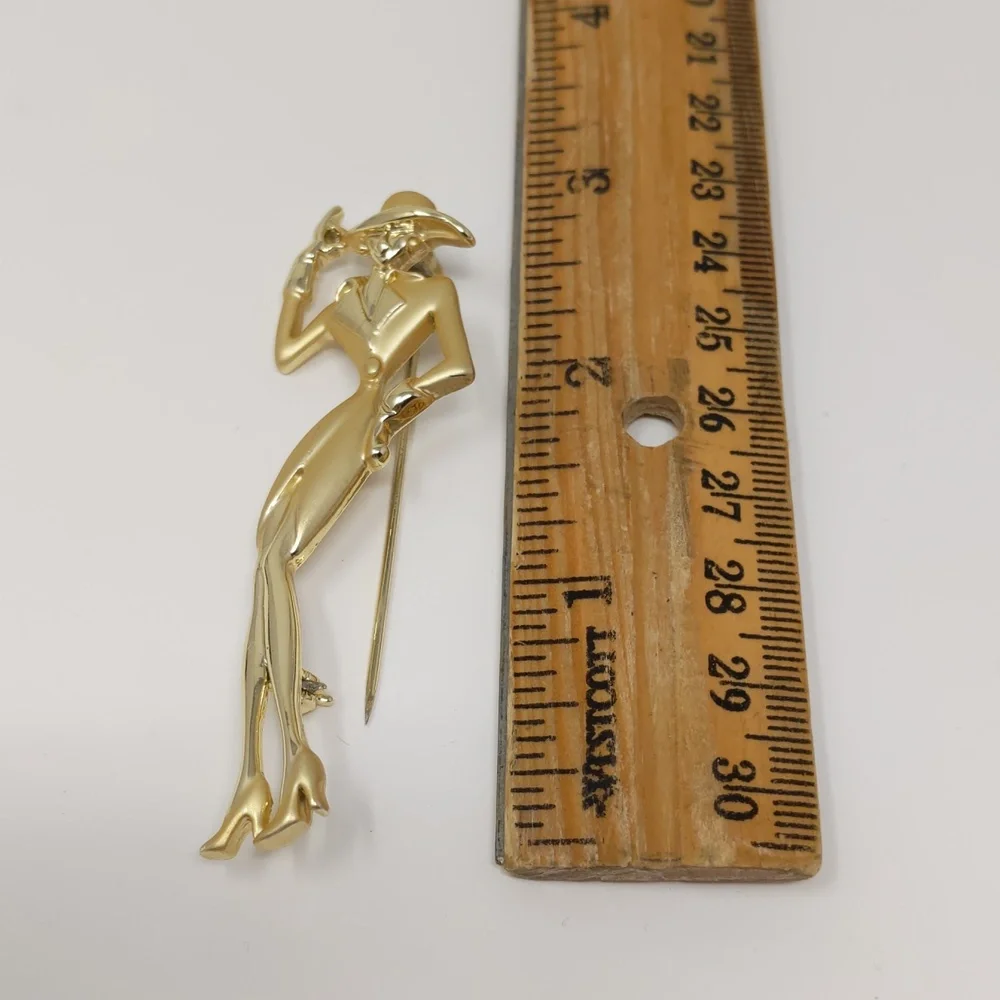 AJC Vintage Lady in Hat Gold Tone Brooch Pin Signed Shiny Brushed Tone